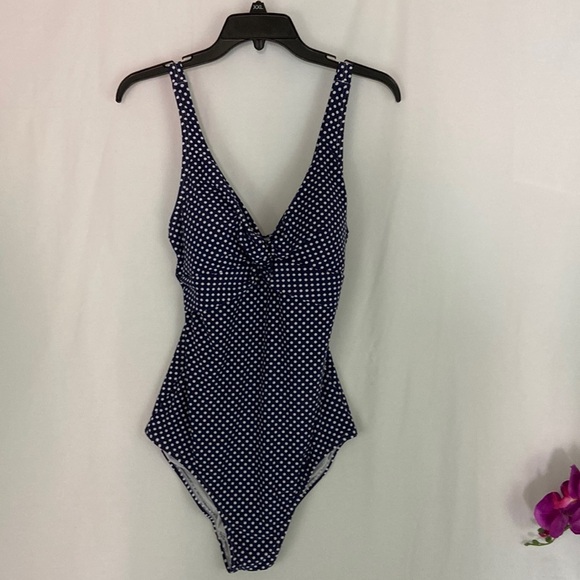 Betty’s Beach House Navy Blue and White Polkadot One Piece Swimsuit Size 12 - Picture 1 of 6